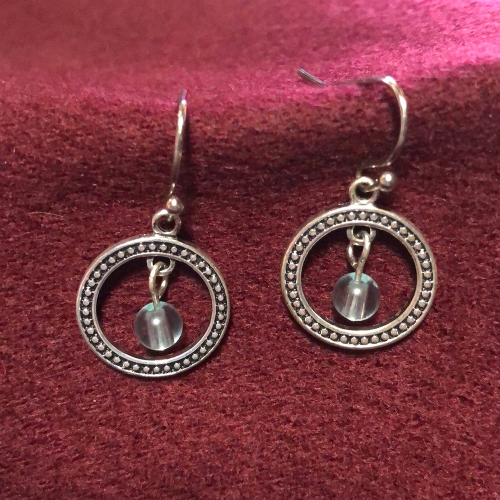 Small dangle silver tone earrings aqua bead